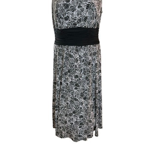 Perceptions Black White Floral Leaf Sleeveless Midi Dress Ruched Waist Sz 16W 1X