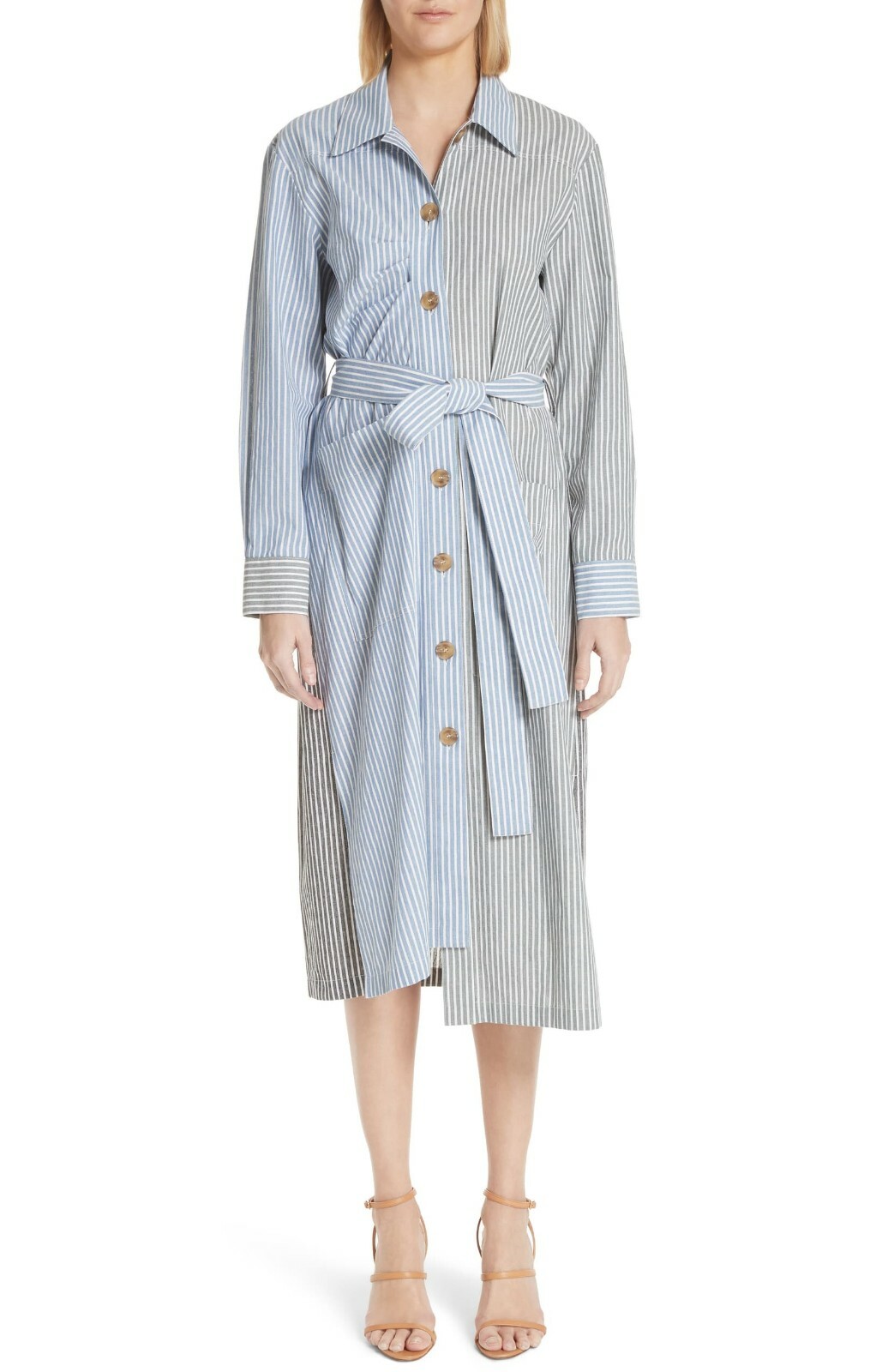 REJINA PYO Black Blue Stripe Asymmetric Tie Waist Cotton Button Shirt Dress M 8