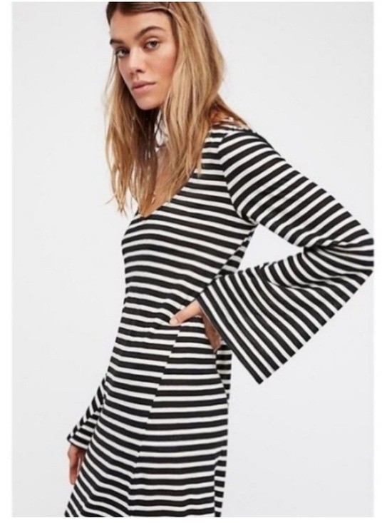 Free People Beach Striped Midi Dress Women’s Size L Stretch Knit Bell Sleeves
