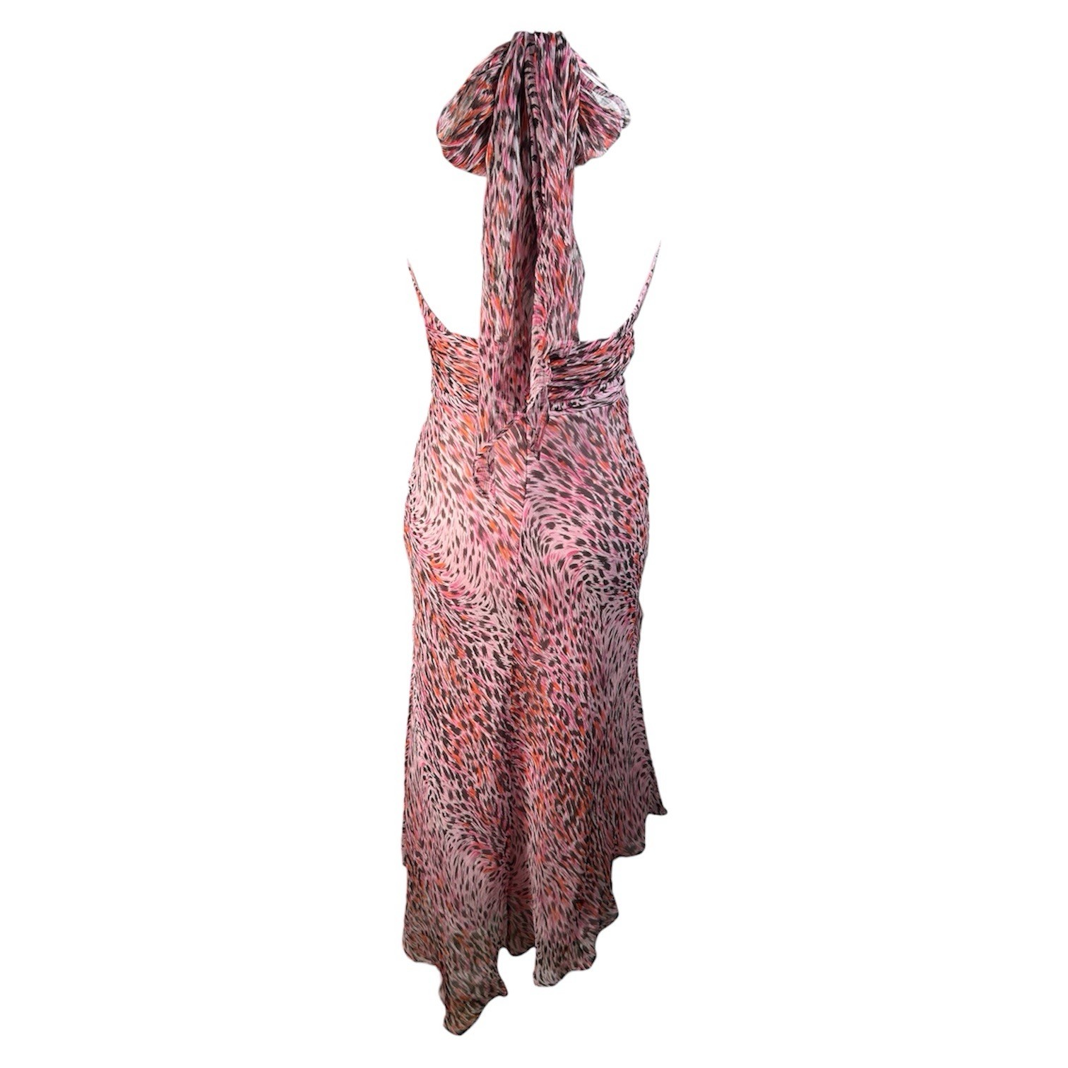 Y2K BCBGeneration Silk Leopard Midi Halter Dress Asymmetrical Hem Women’s Sz 2