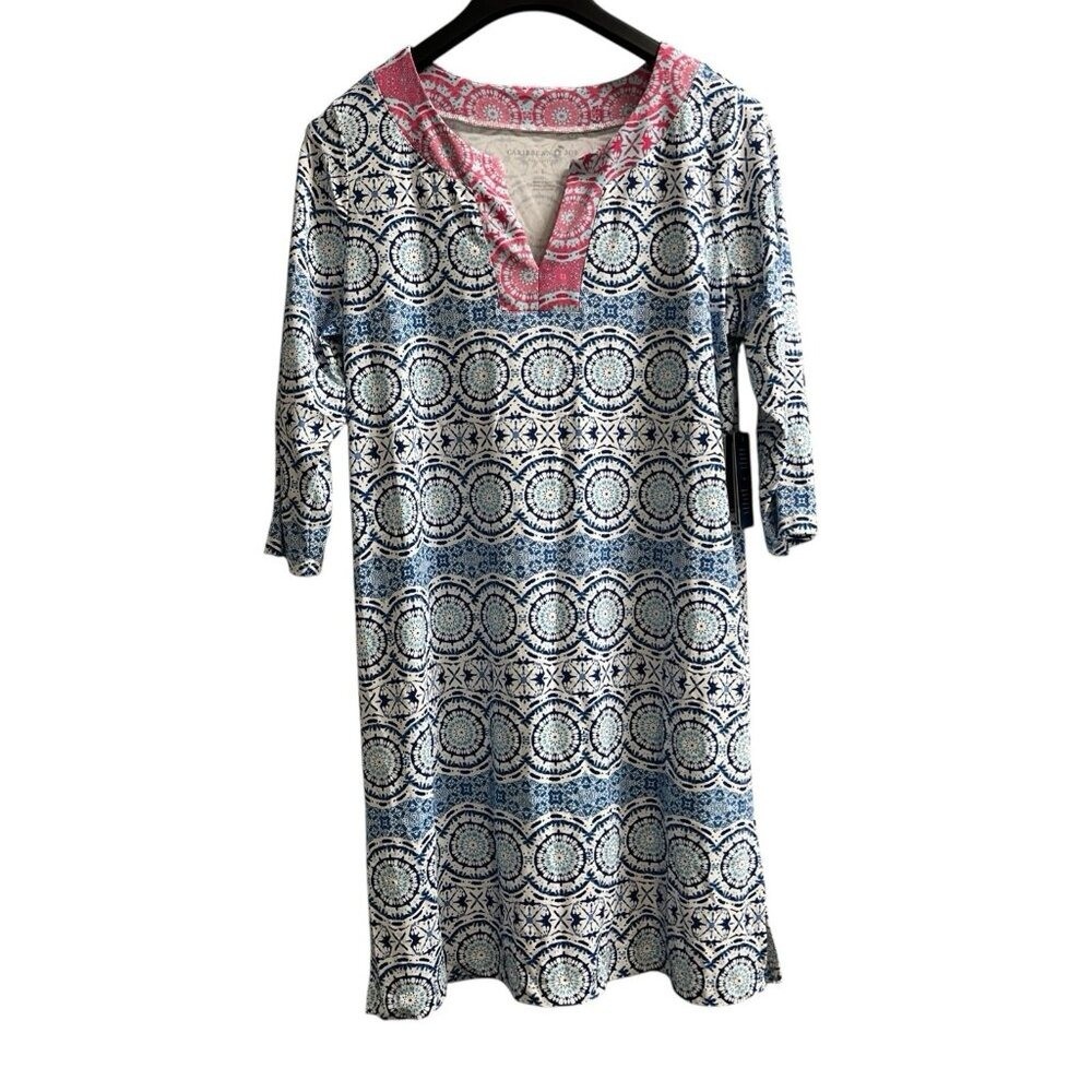 Caribbean Joe Dress Blue Medallion Jersey Knit UPF 50 Size L Active Vacation