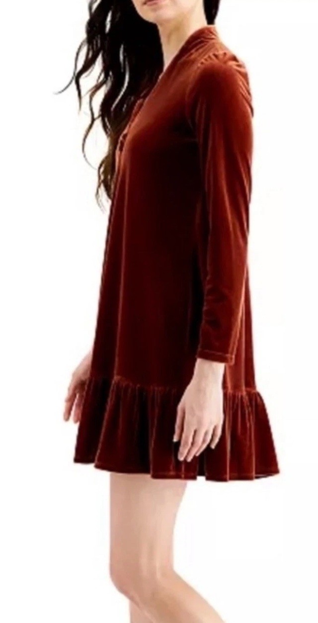 Taylor Velvet Trapeze Dress Rust Copper Long Sleeve Ruffle Hem Mini Boho S