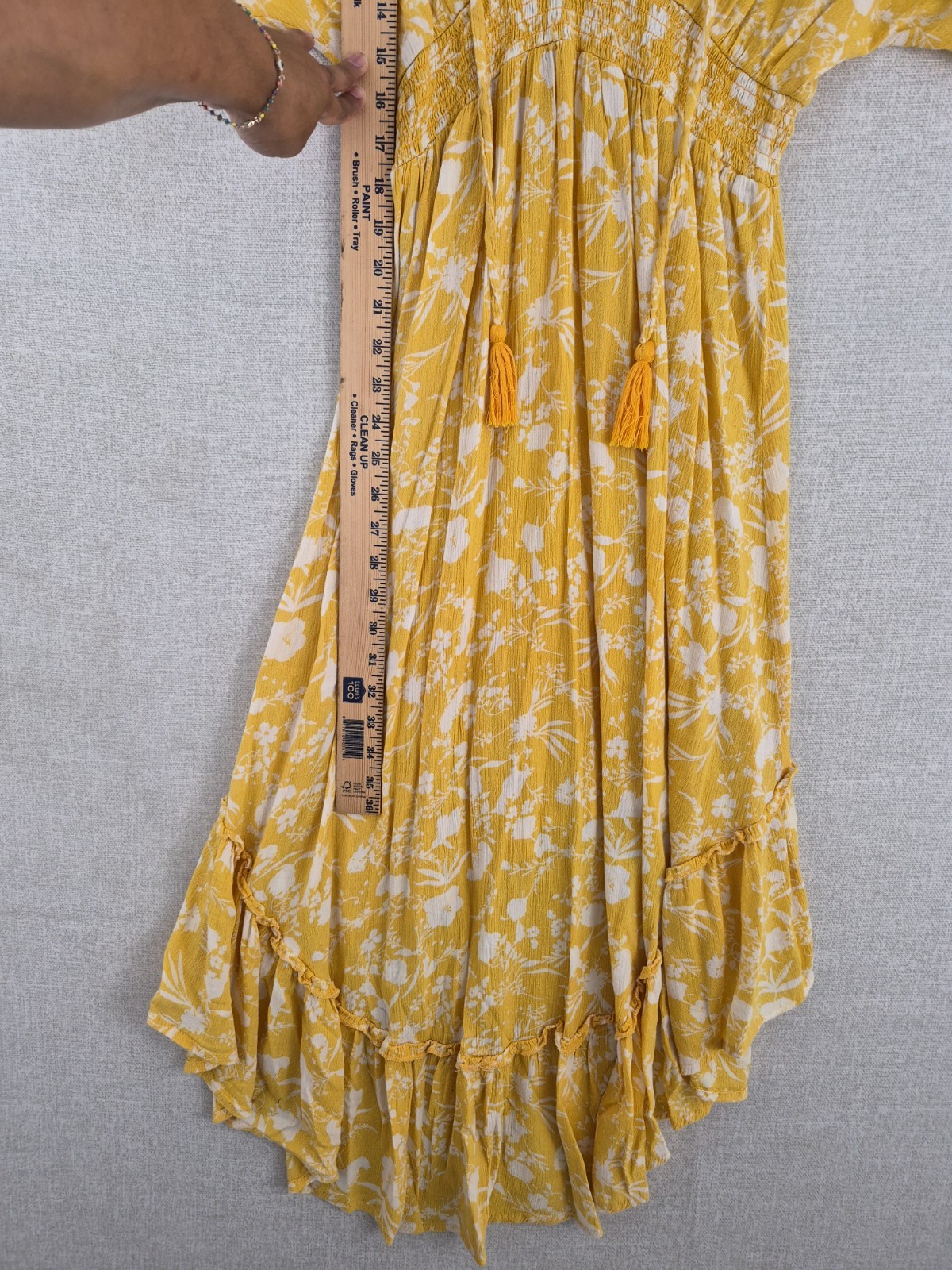 Yellow White Floral V-Neck Smocked Hi-Low Ruffle A-Line Dress M RN 137360