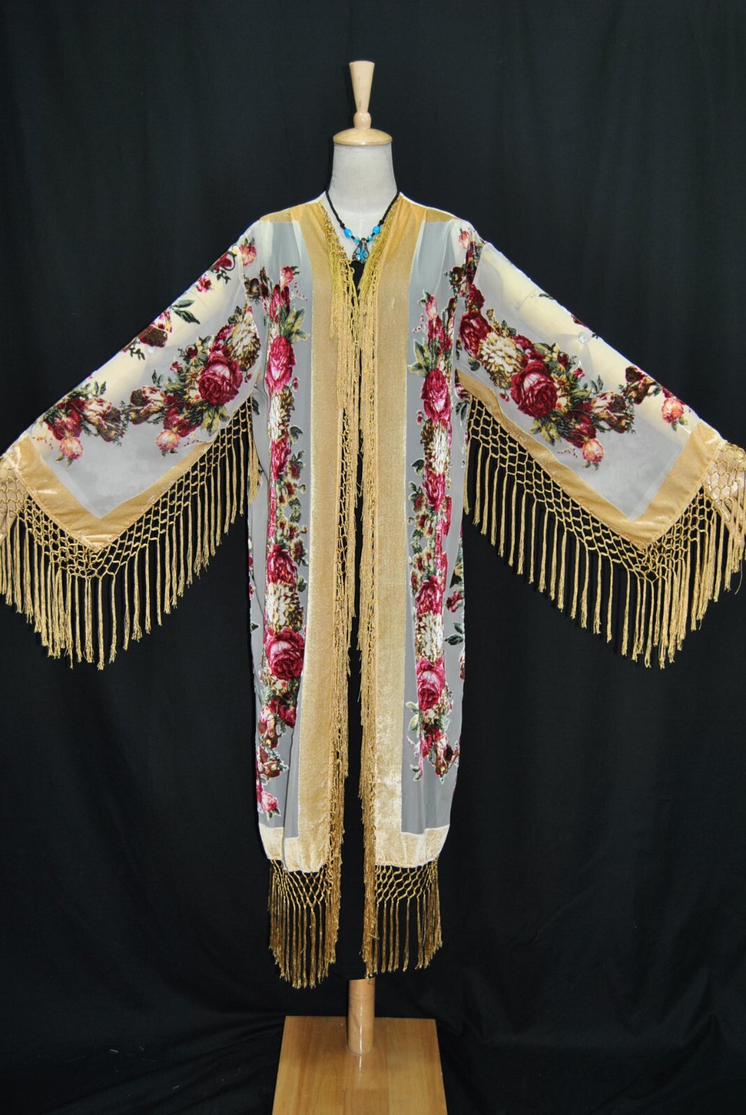 Art to Classic Eastern Flower Burnout Velvet Fringe Jacket Coat Kimono Duster