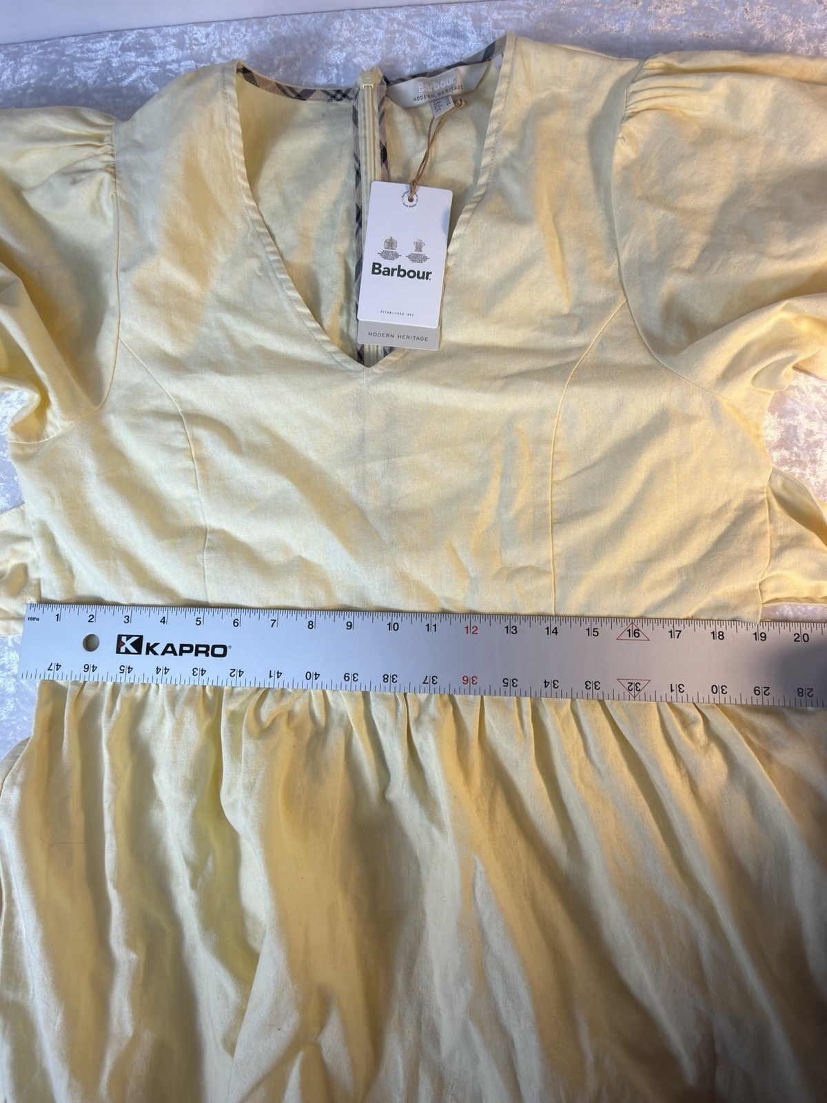 Barbour Yellow Linen Midi Dress Puff Sleeve Tie Back Womens 10 NWT