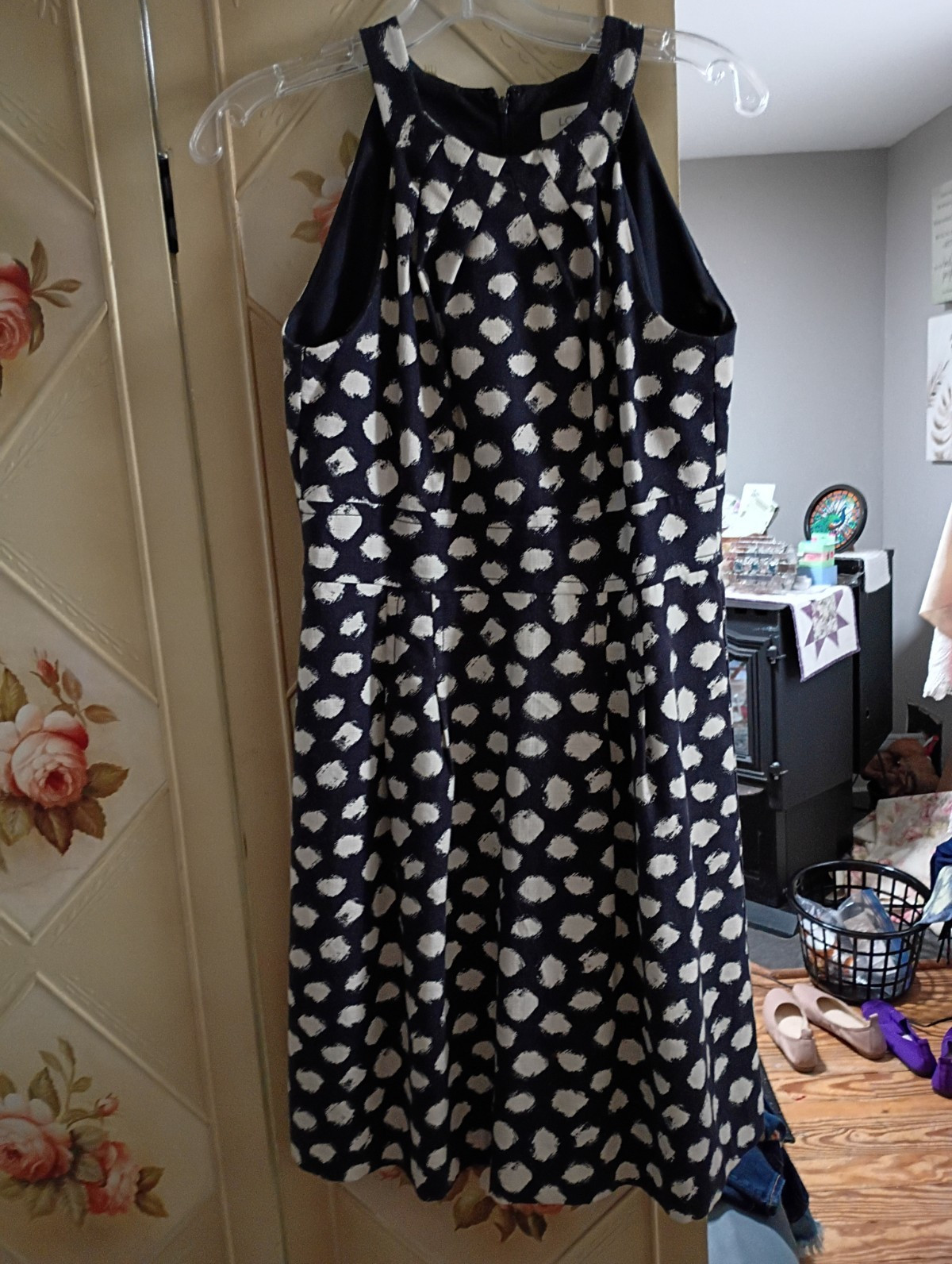 LOFT Navy/Ivory Polka Dot Shift Dress Scoop Neck Sleeveless Knee Length 16