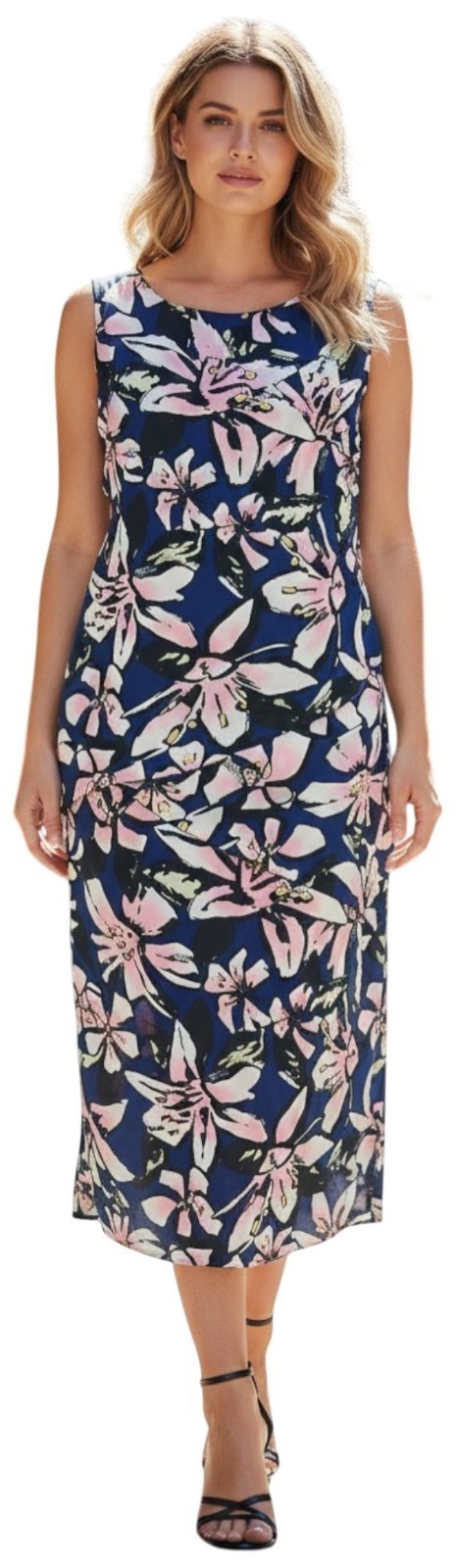 Ladies Navy Blue Pink Floral Print 3 Tier Triple Layer Georgette Pencil Dress