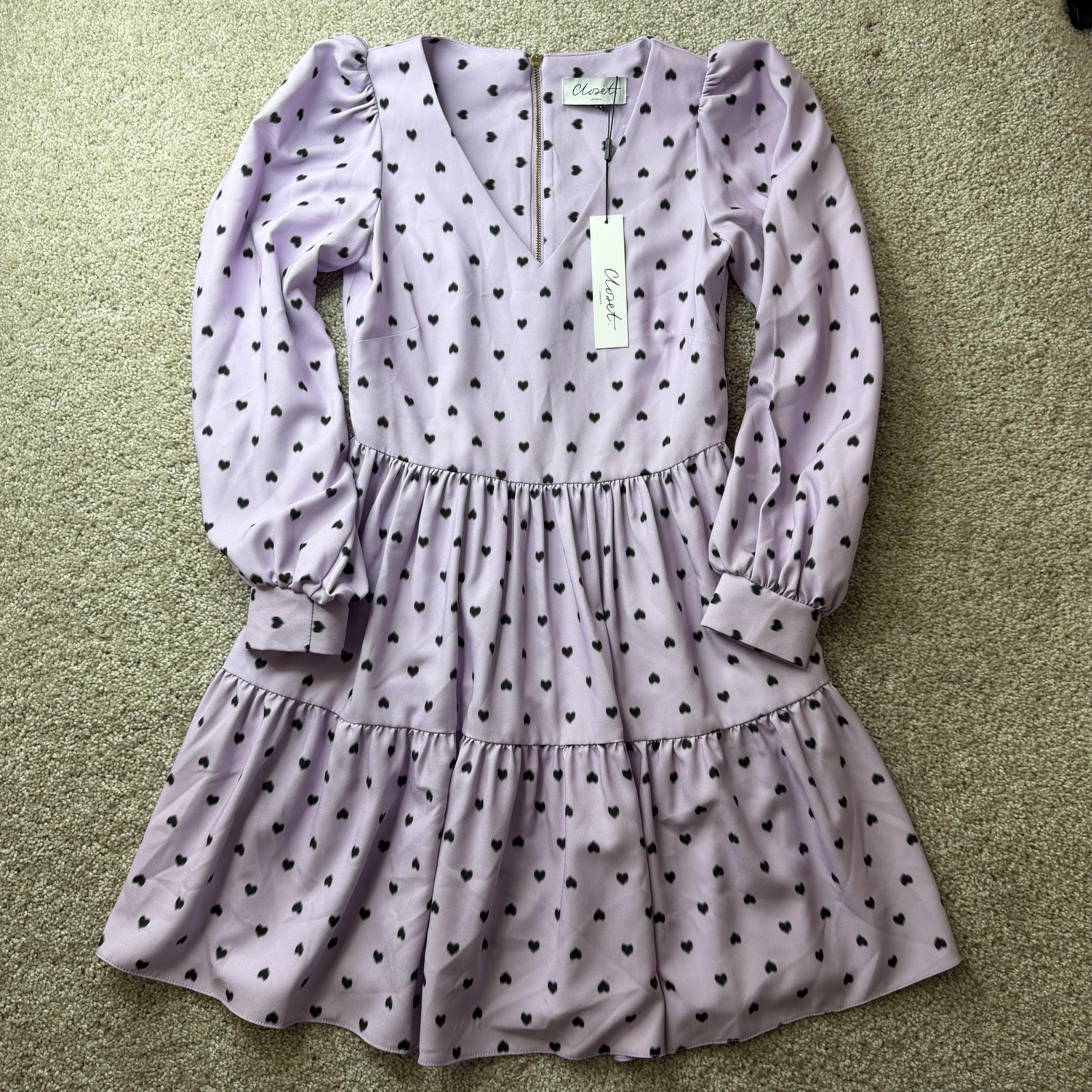 Closet London Dress Womens 2 Purple Heart Long Sleeve V Neck Tiered Mini NWT