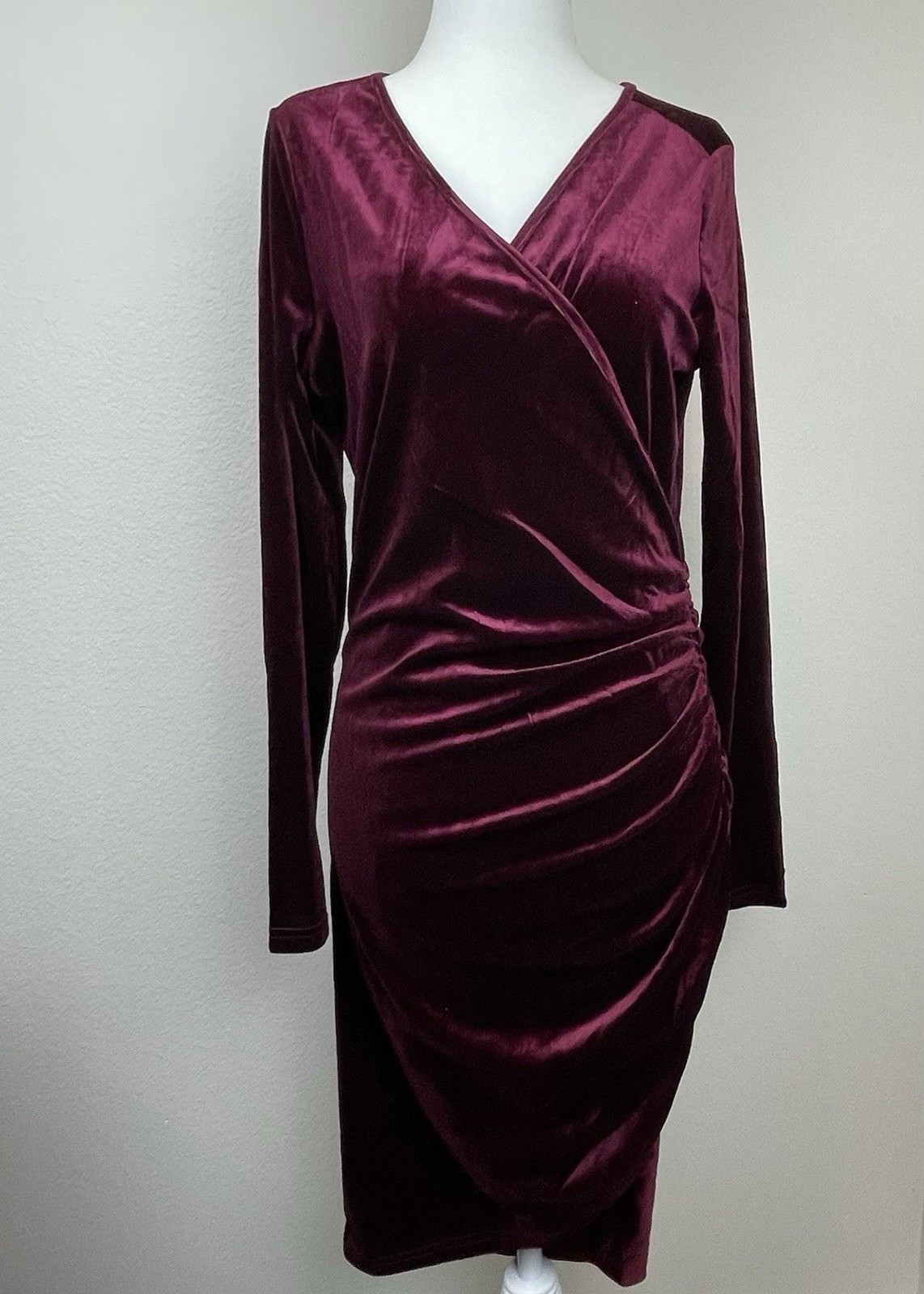 Guberry Velvet Long Sleeve Midi Dress V-Neck Party Holiday Classic -L