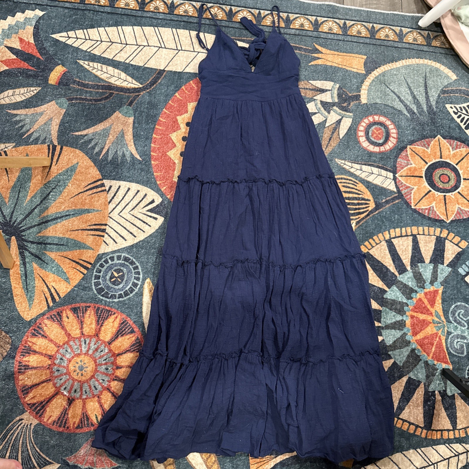 Alter’d State Women’s Navy Open Back Low V Neck Cut Boho Maxi Dress Size XS