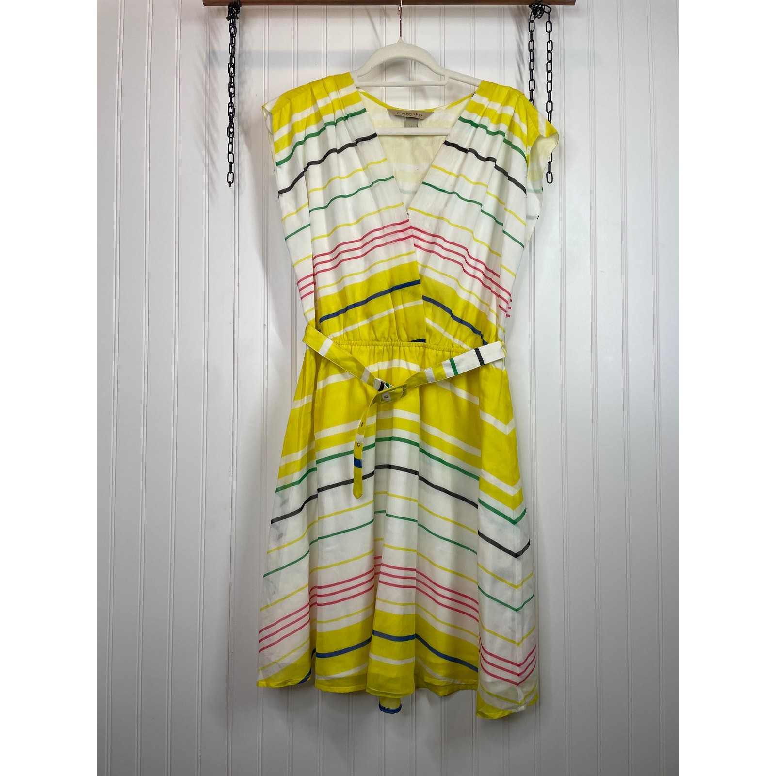 Presley Skye Sloane Belted Silk Blend Stripe Dress Mini Yellow White Pink Size L