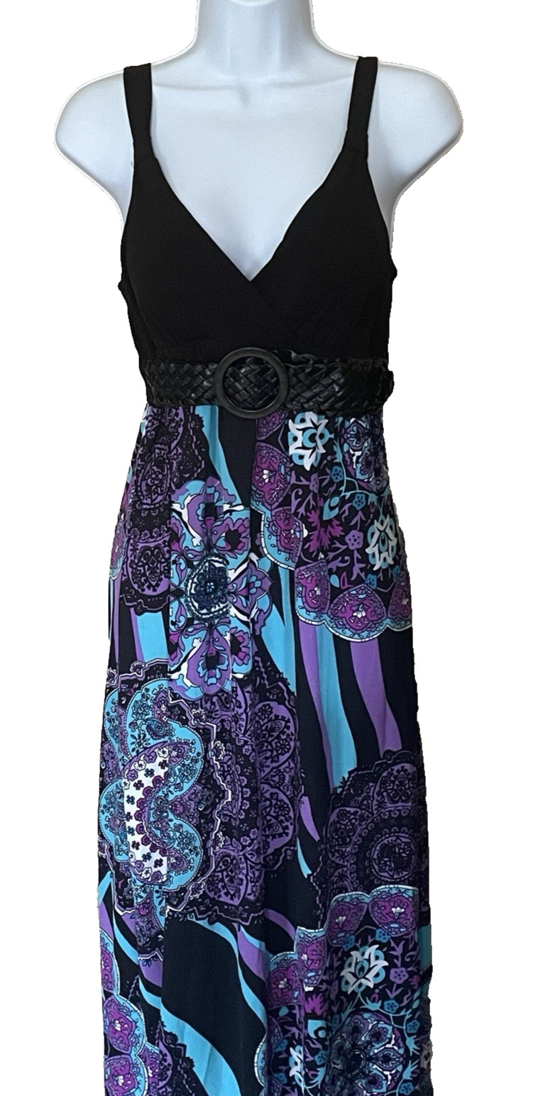 Womens Paisley V Neck Maxi Dress Size M Multicolor Black Belt Straps