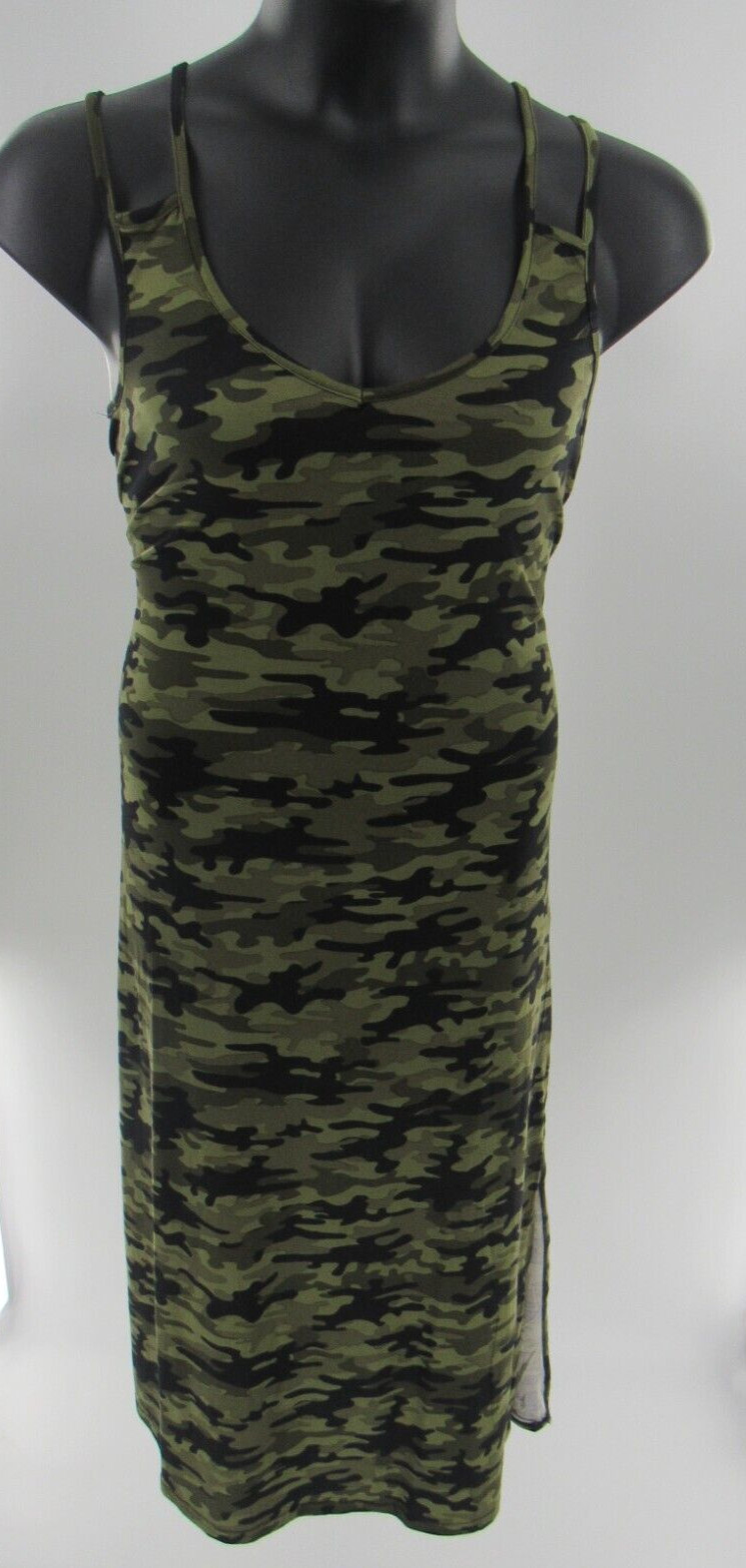 Plus Women Army Camo Green Black Print Adjustable Straps Maxi Dress Size :1X New