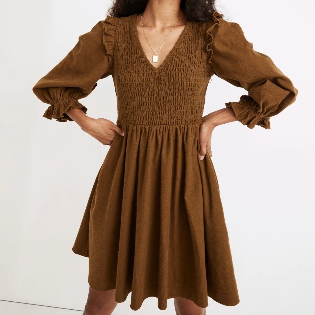 Madewell Flannel Lucie V-Neck Smocked Mini Dress Weathered Olive Women’s Small