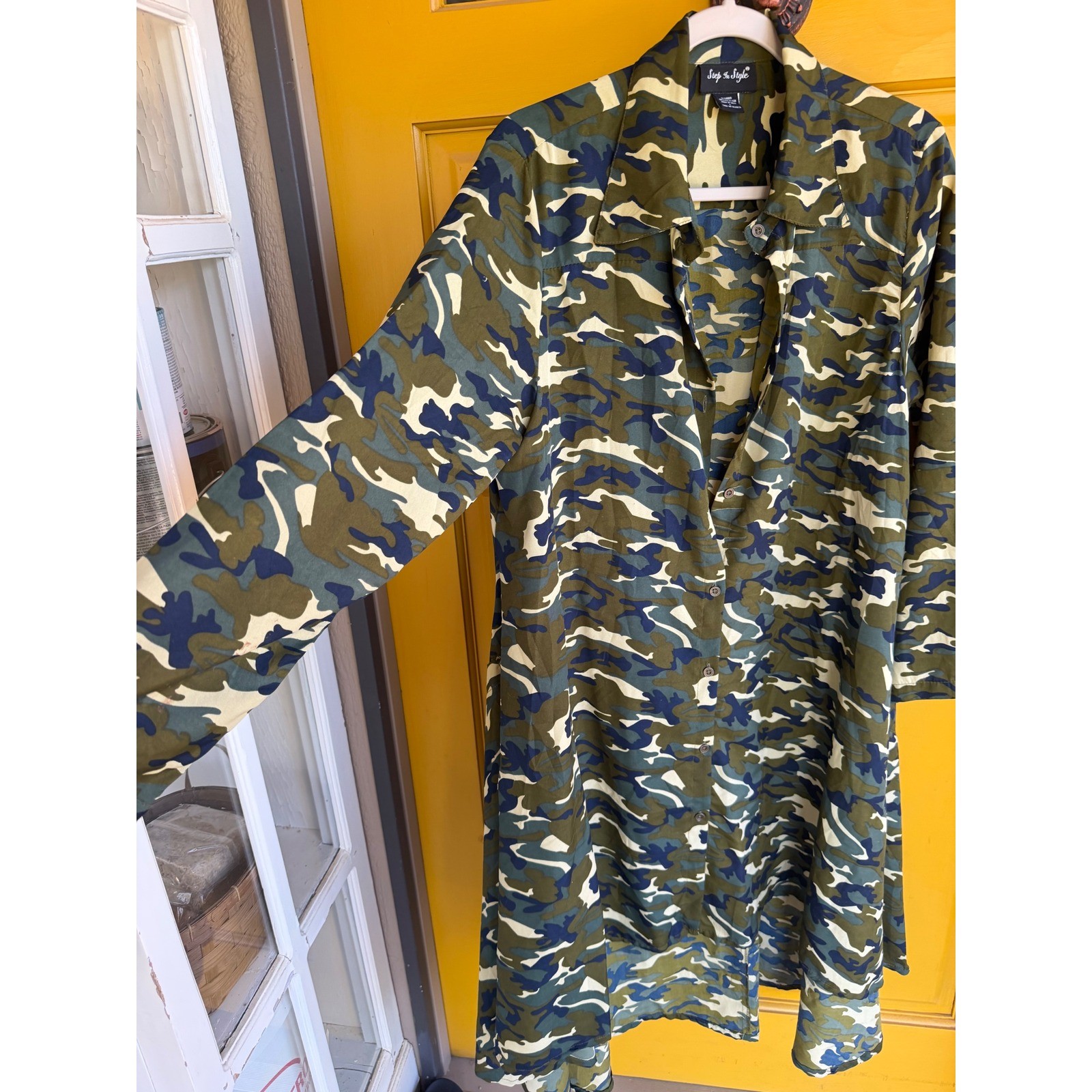 Step In Style Camo Button Down Shirt Dress Longline Tunic Green Blue Large L