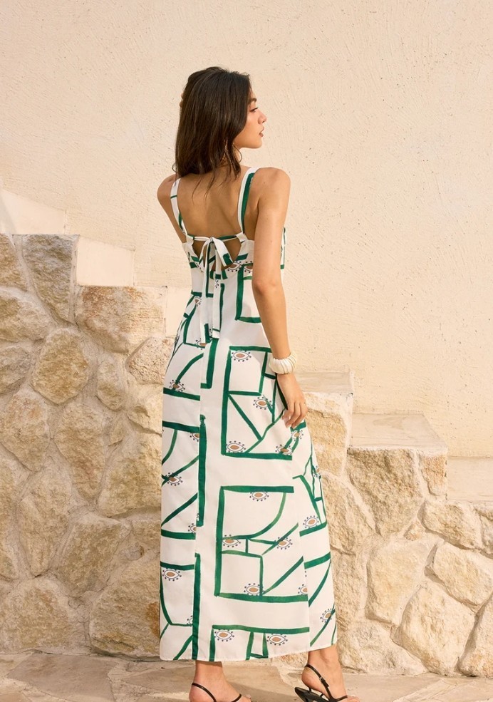 Commense Green/White Geometric Eye Maxi Dress Strappy Square Neck Tie Back L