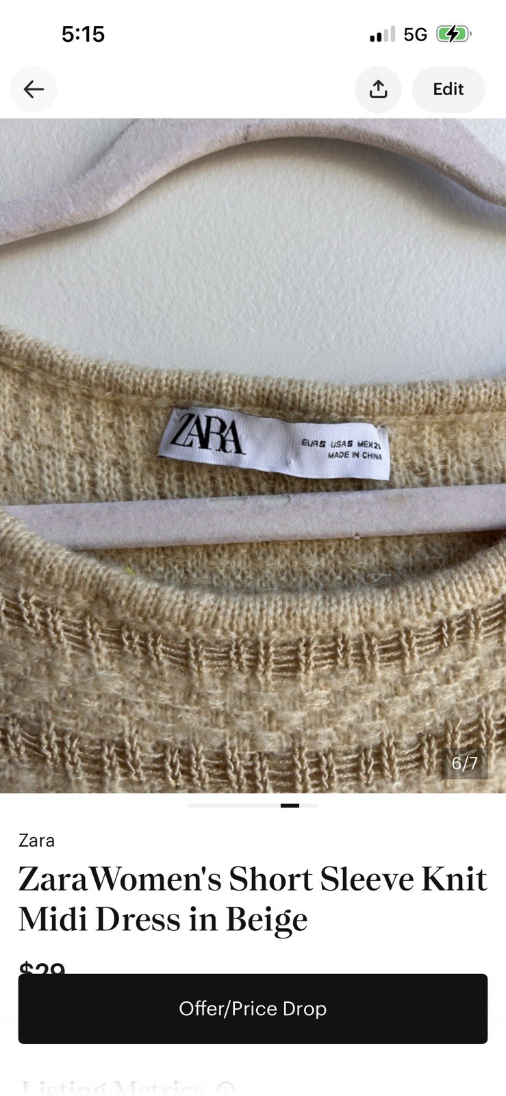 Zara S Beige Solid Textured Knit Sweater Dress Midi Round Neck Short Sleeve