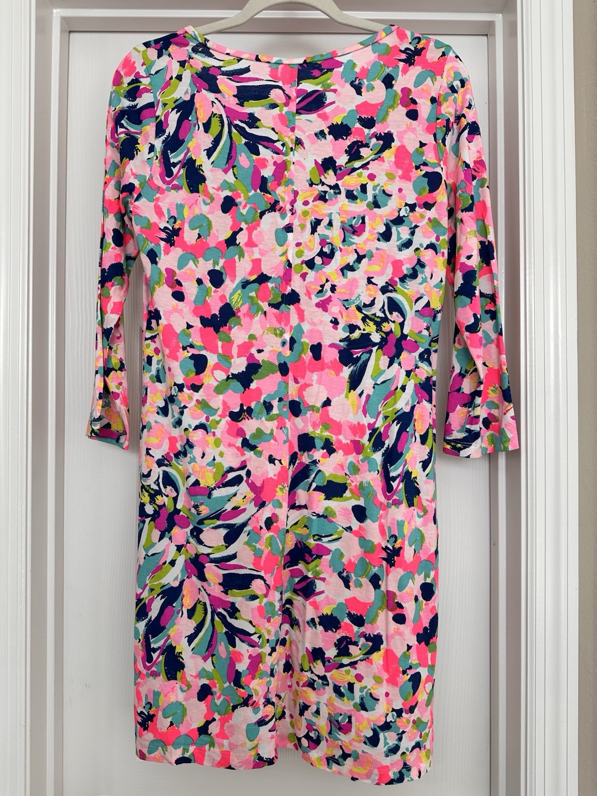Lilly Pulitzer Shift Dress M Pink Floral Scoop Neck 3/4 Sleeve Pockets