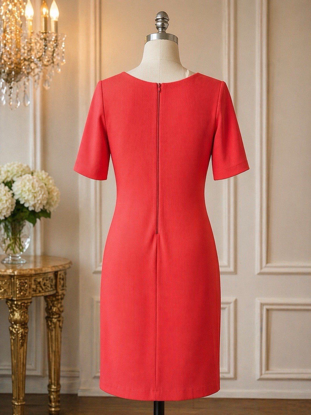 Gabby Skye Dress Womens 12 Red Sheath Bow Detail Short Sleeve Career