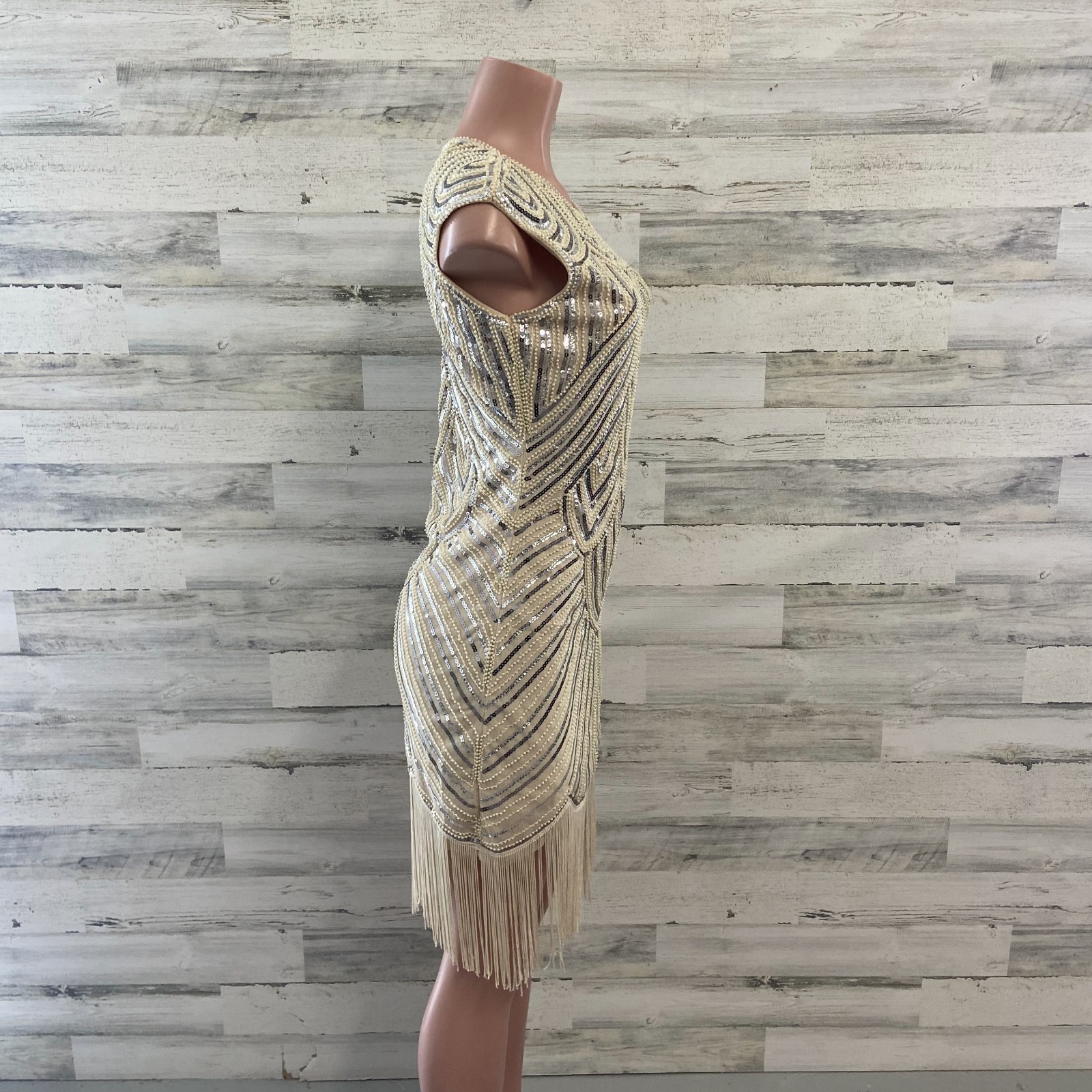 1920s Style Great Gatsby Flapper Dress Champagne Sequin Beaded Fringe Small