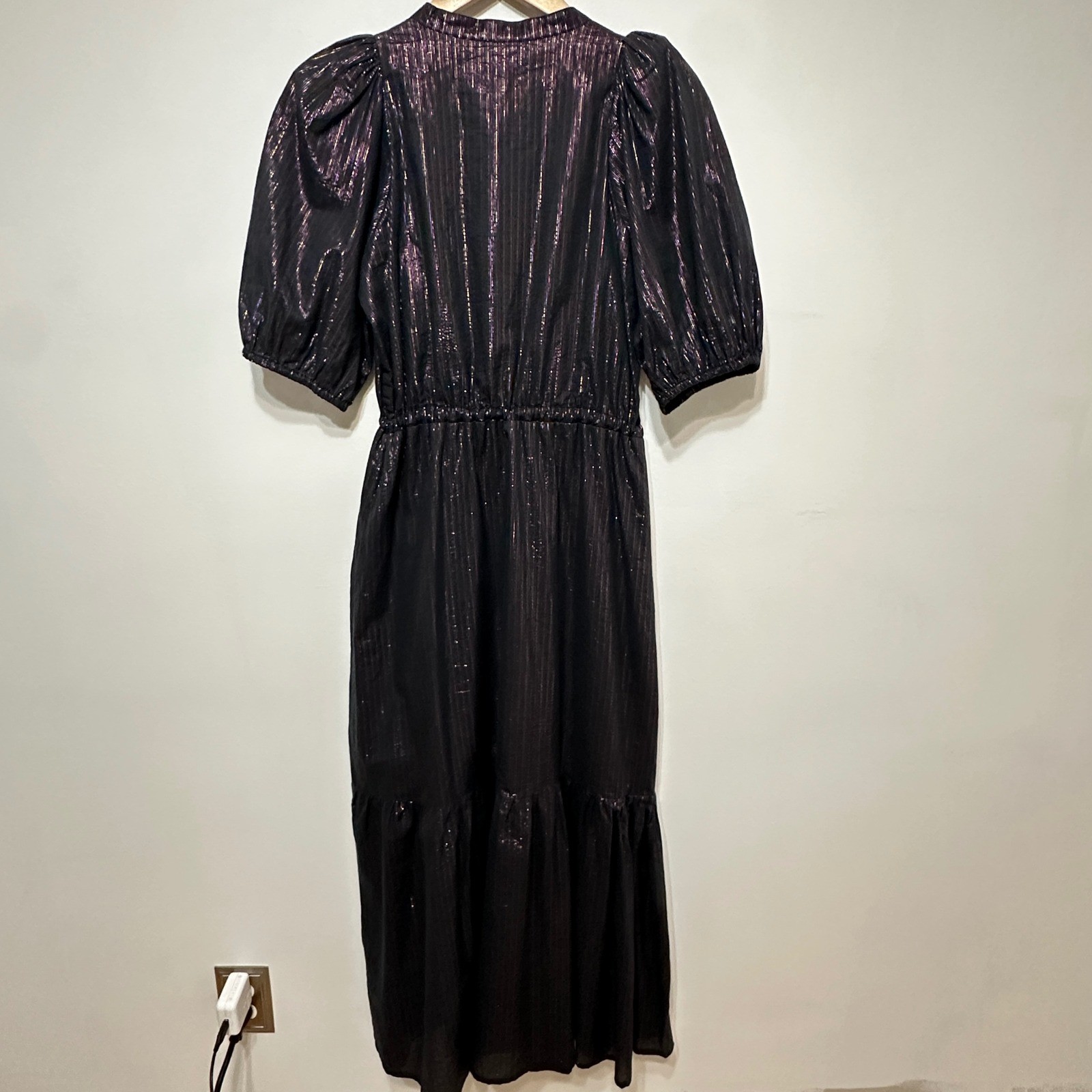 Emerson Fry Lucy Maxi Dress Womens Small Rainbow Black Lurex Cotton Puff Sleeve