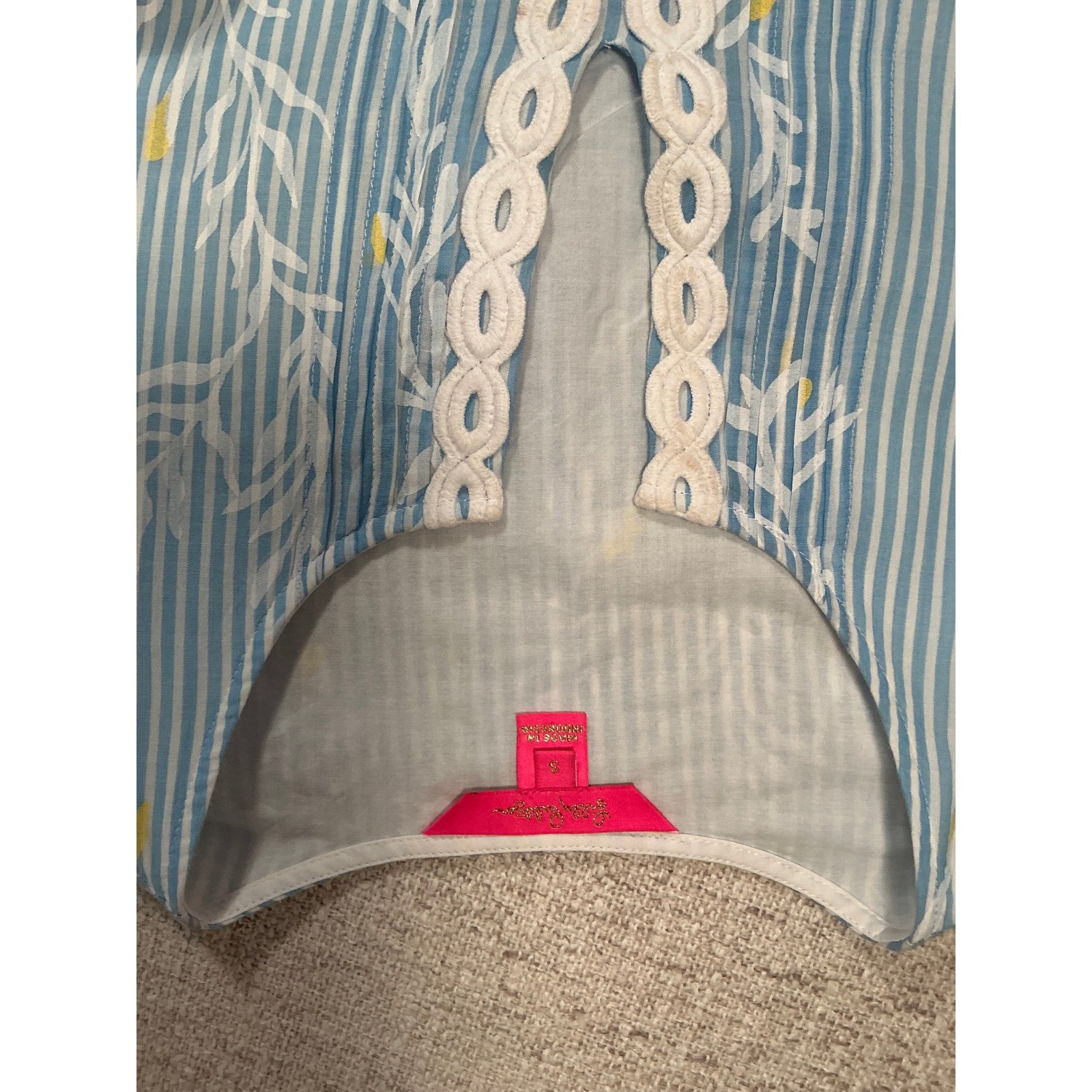 Lilly Pulitzer Blue White Striped Bell Sleeve Lace Trim Shift Dress Small