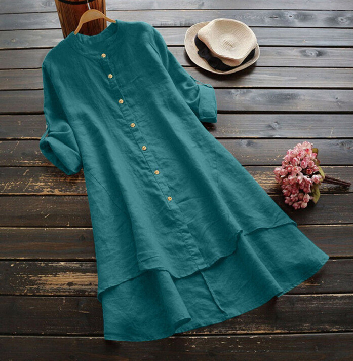 Womens Summer Loose Comfortable Long Skirt Cotton and Hemp Long-Sleeved Dress