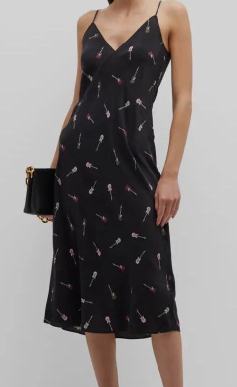 $426 Equipment Women’s Black Silk Guitar Print V-Neck Slip Dress Size L