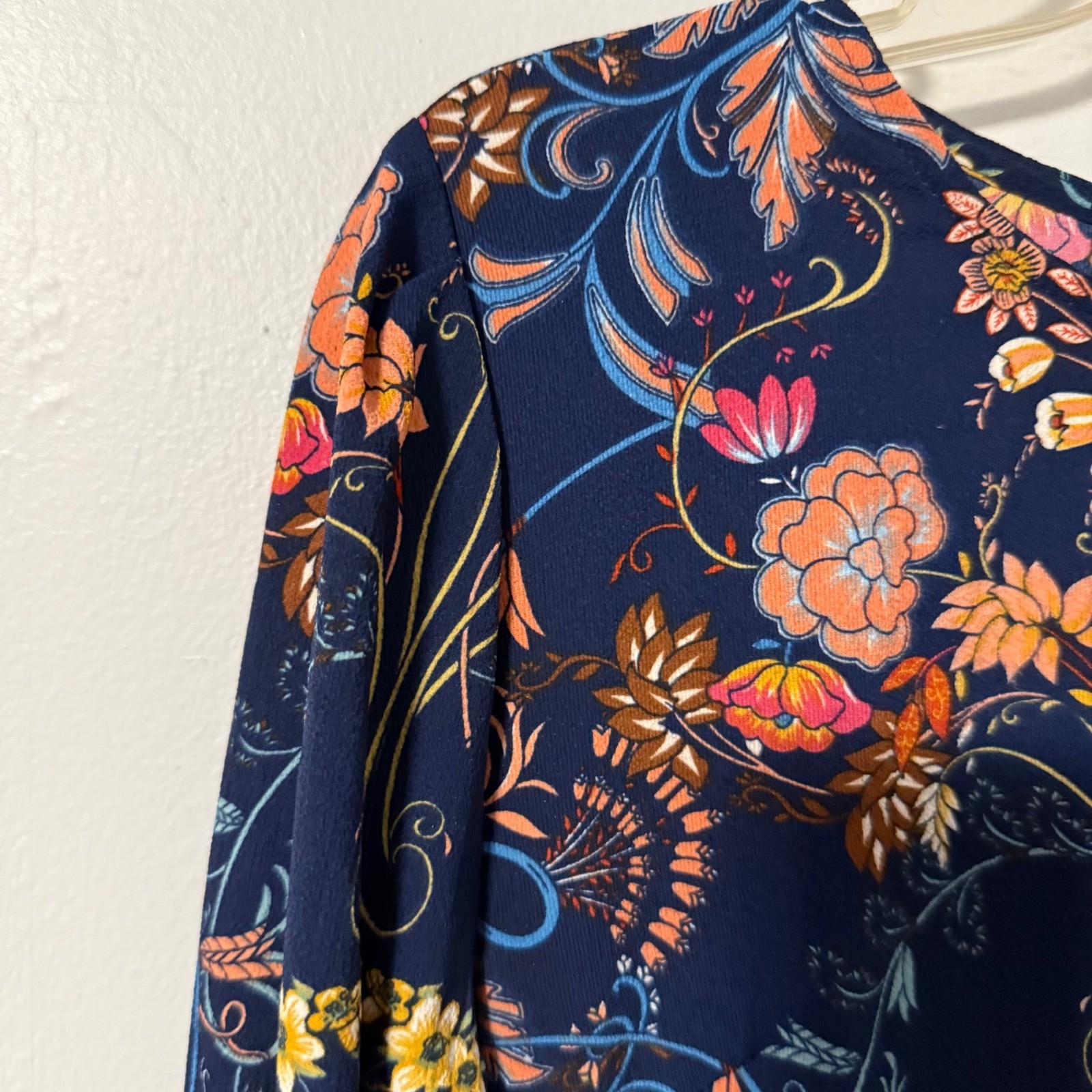 I. Madeline Garden Splendor Navy Floral Long Sleeve Midi Dress Women’s M Modest