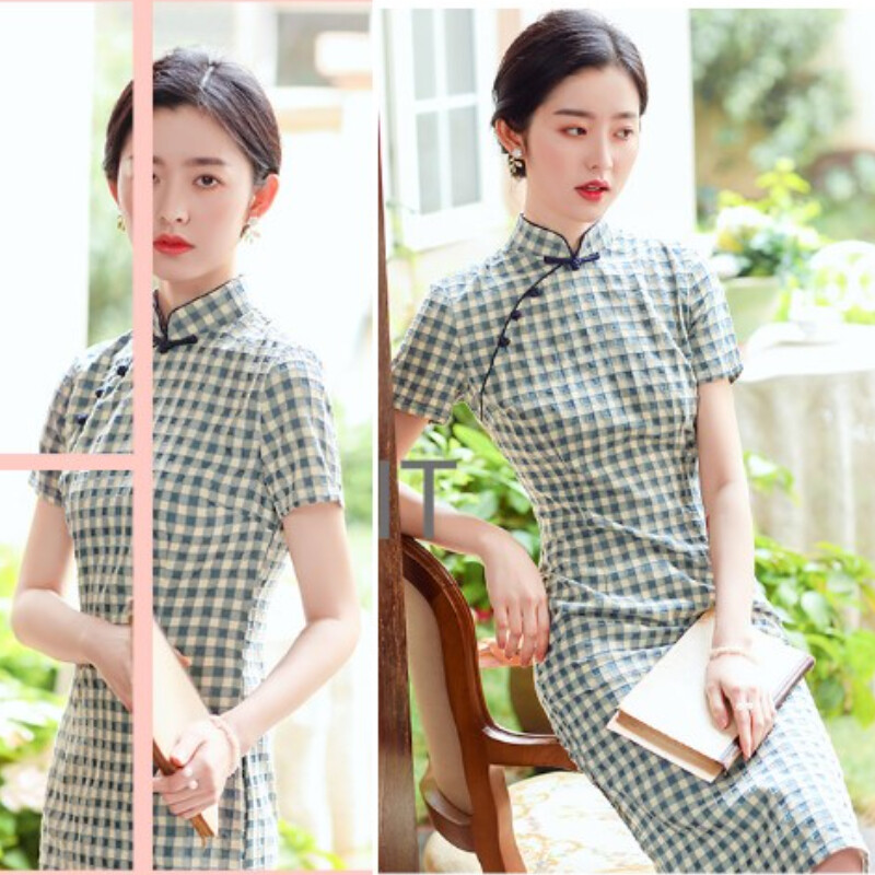 Chinese Traditional Cheongsam Check Midi Qipao Dress Oriental Gown Sweet