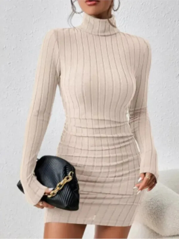 New Solid Dresses Autumn Winter Women Long Sleeves Turtleneck Sexy Bodycon