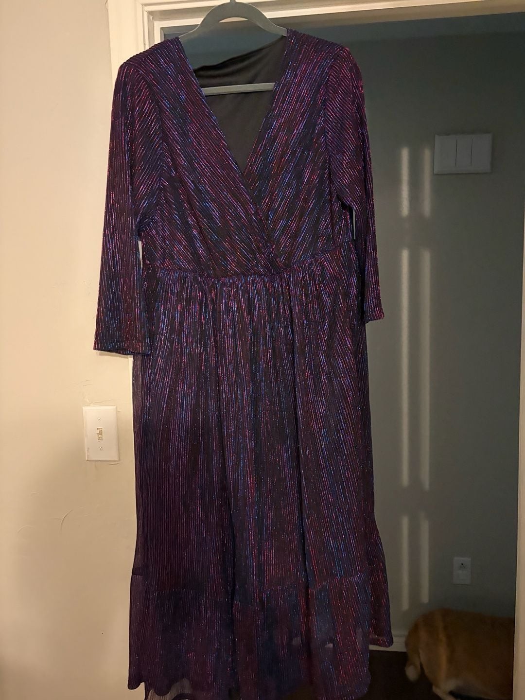 Bloomchic Metallic Plisse V-Neck Long Sleeve Midi Wrap Dress