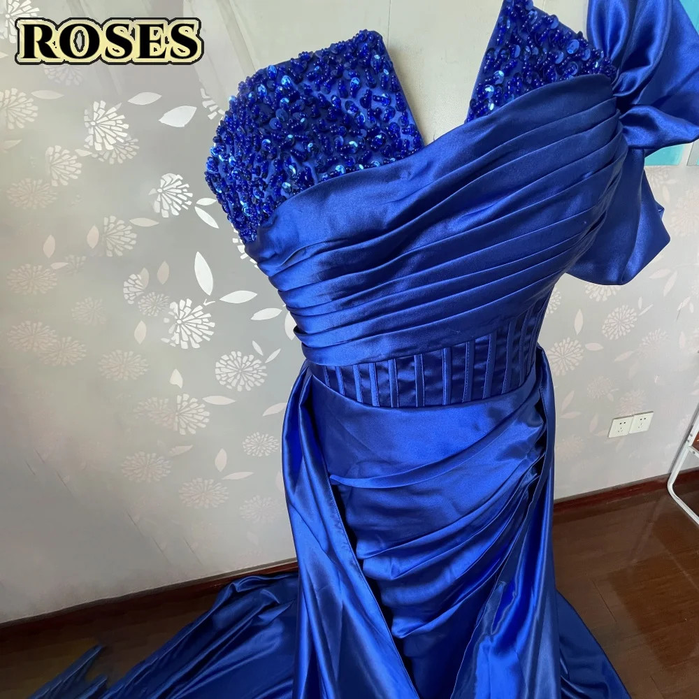Red Side High Split Mermaid Evening Dresses One Shoulder Prom Dresses Stain