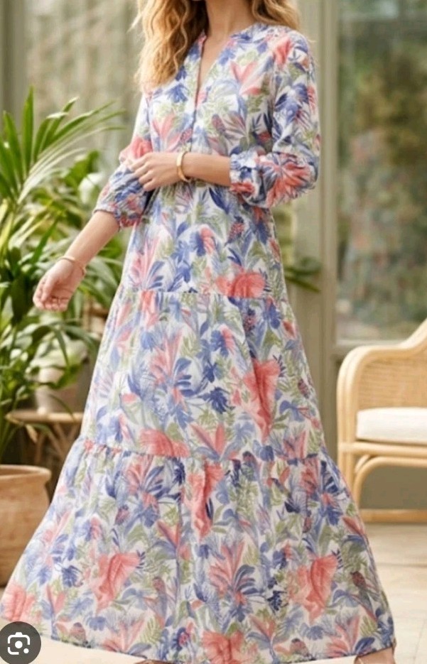 J Mclaughlin Long Sleeve Linen Maxi Dress Tropical Floral Birds Size M