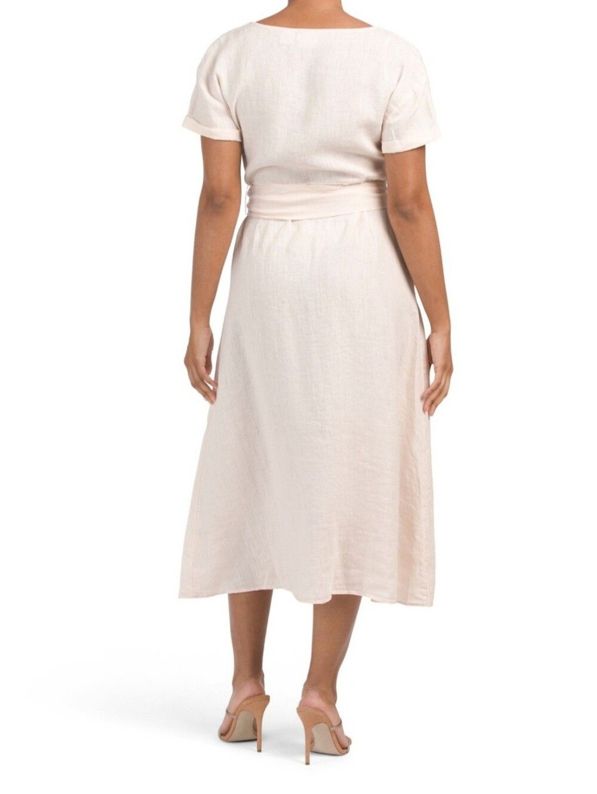Rachel Zoe Light Coral Beige Linen Button Front Belted Coastal Chic Midi Dress