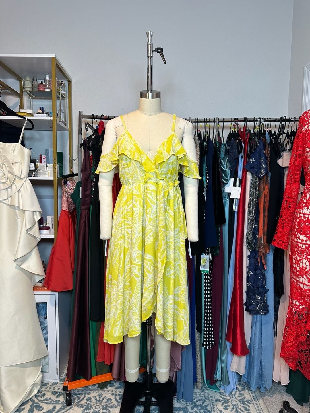 Torrid Yellow Leaf Print Chiffon Cold Shoulder Wrap Midi Dress