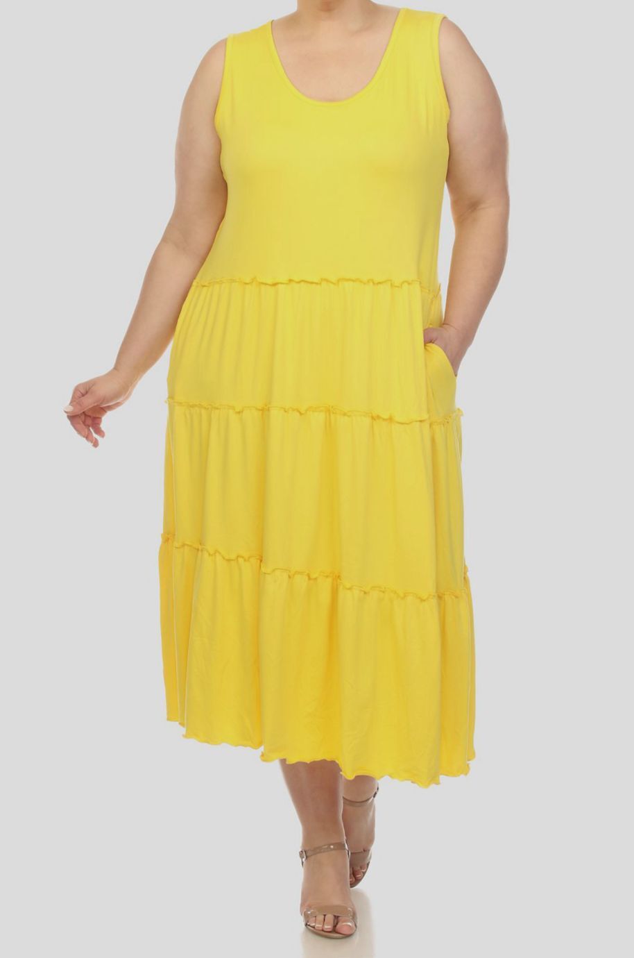 White Mark Women’s Yellow Scoop Neck Tiered Midi Dress Plus Size 1XL