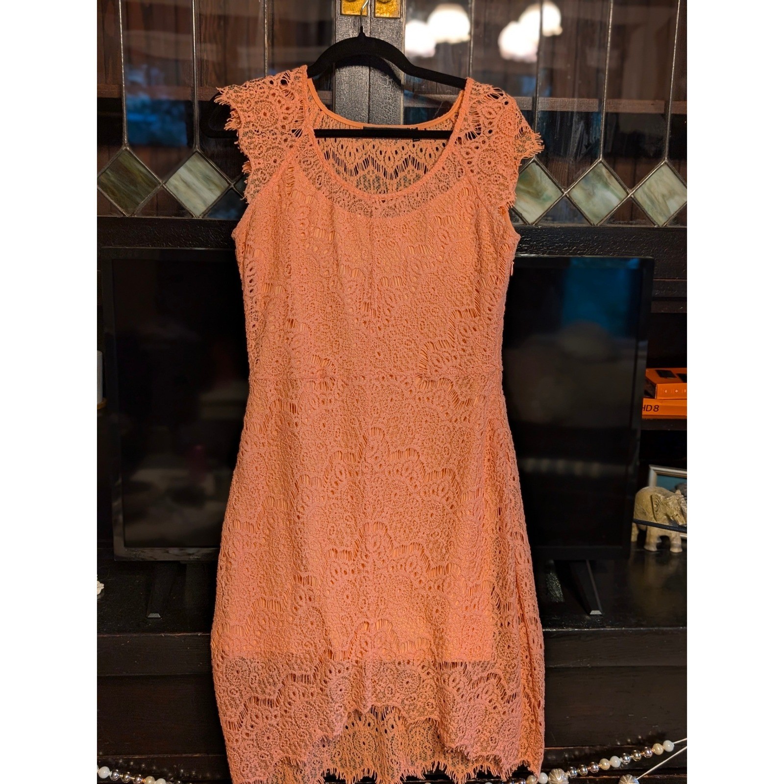 Dulcie Peach Lace Sheath Dress Cap Sleeve High Low Hem Coral Medium