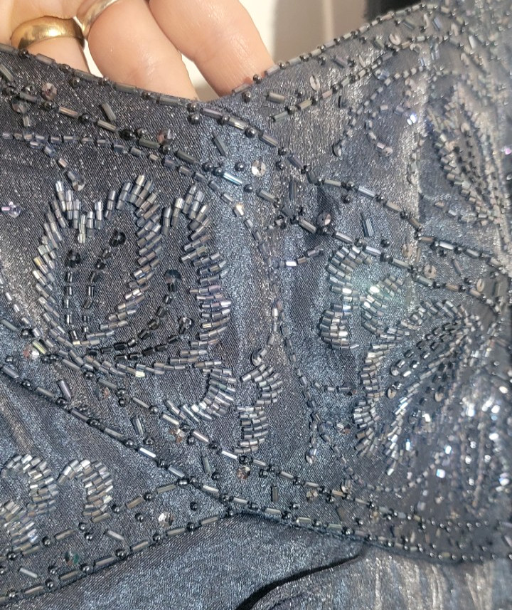 EUC Shimmering Blue Tiered Ruffle Sequins Beaded Formal Gown Dress Maxi 14 LG