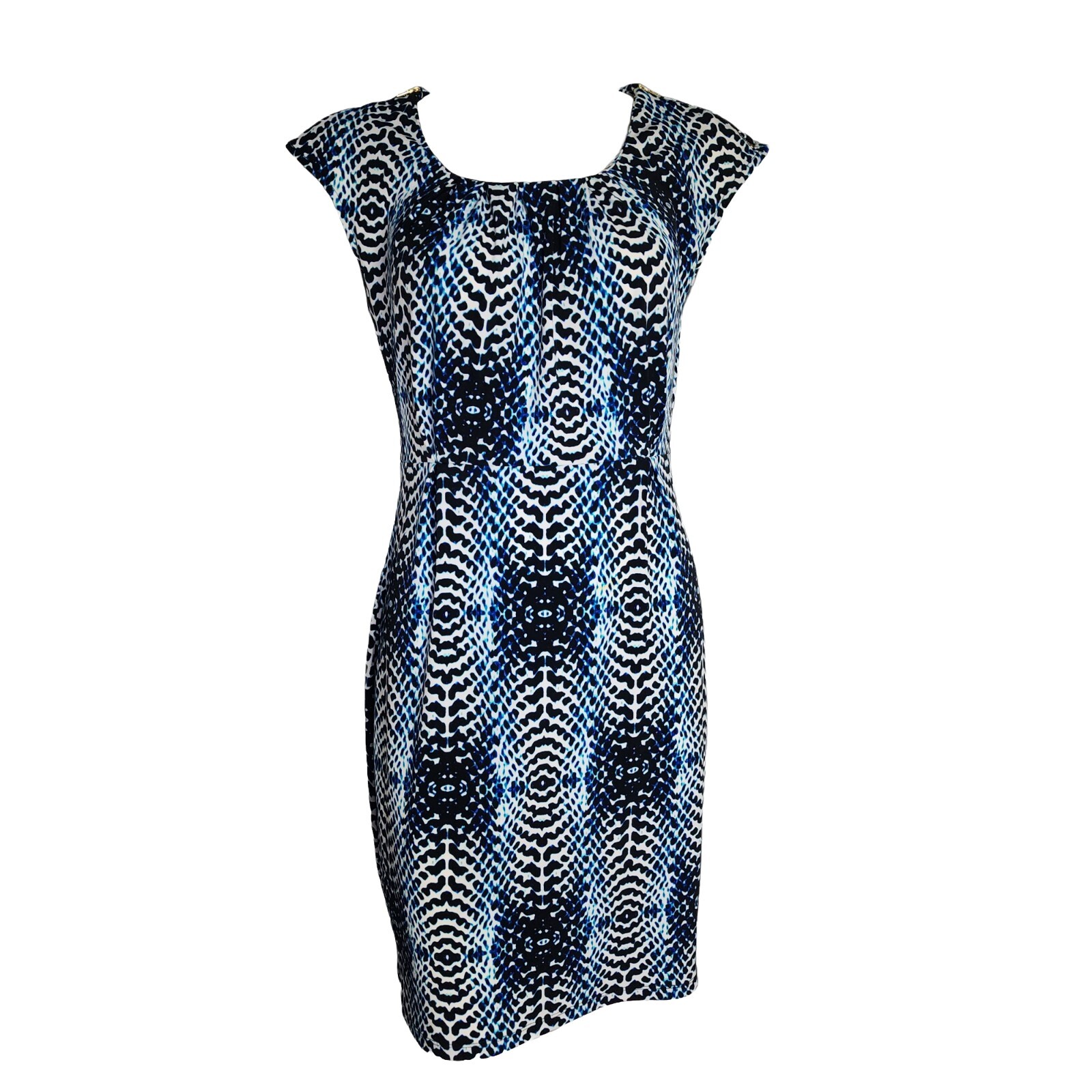 Worthington Dress Womens Size PM Petite M Blue White Black Zipper Detail Sleeves