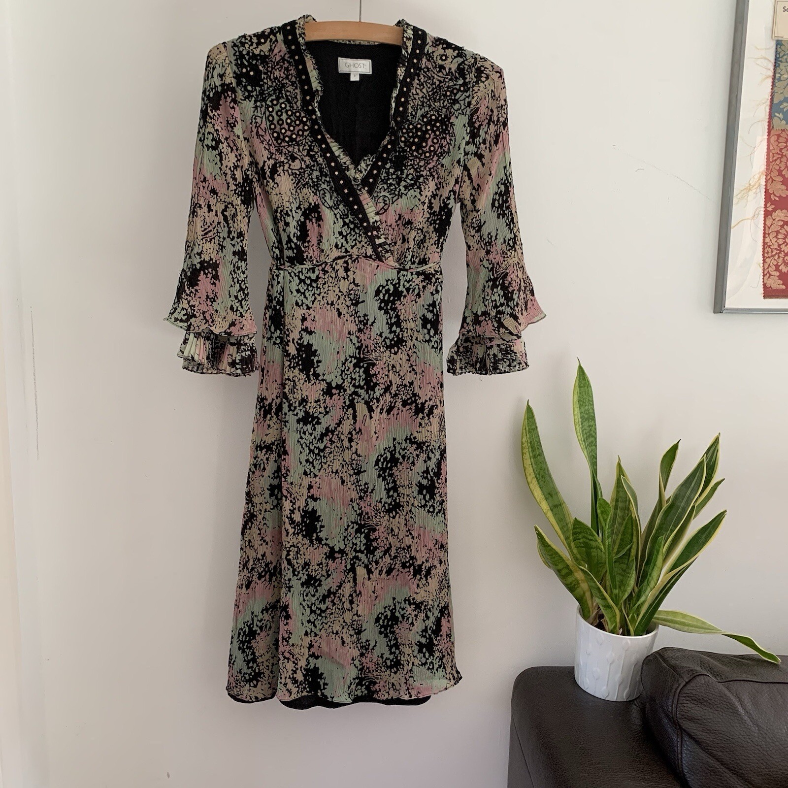 Ghost Dress Vtg Silk London 100% Multi Beaded Size Small UK 8 Heart Y2k Frill