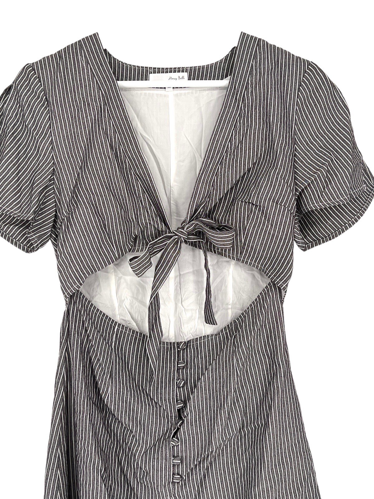 Honey Belle Tie Front Dress Size M Gray White Striped S/S Split Sleeve V-Neck