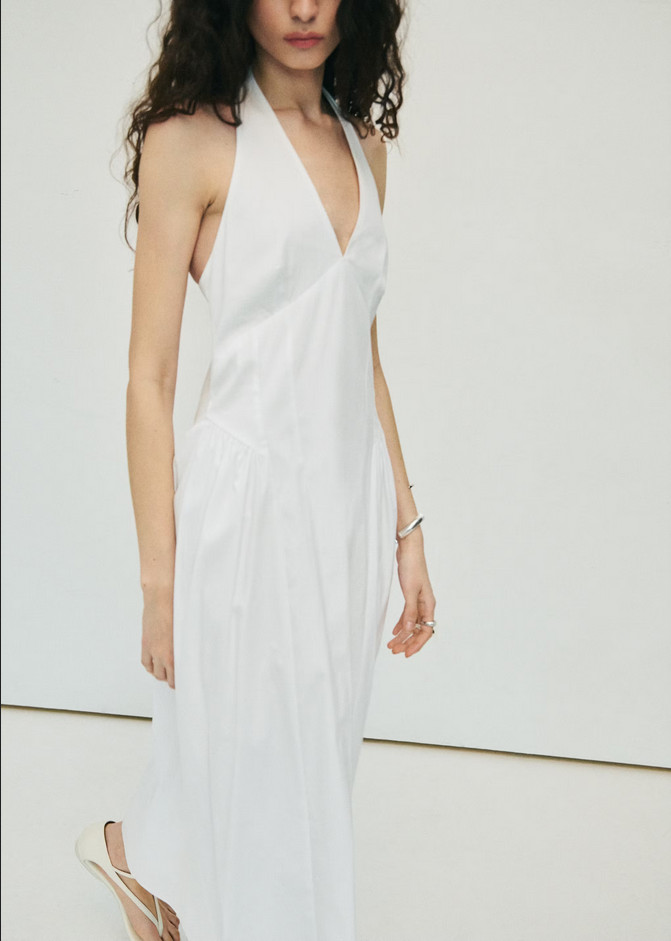 NWT MANGO MNG $140 WHITE STRETCH COTTON HALTER NECK MIDI DRESS SZ S US 4