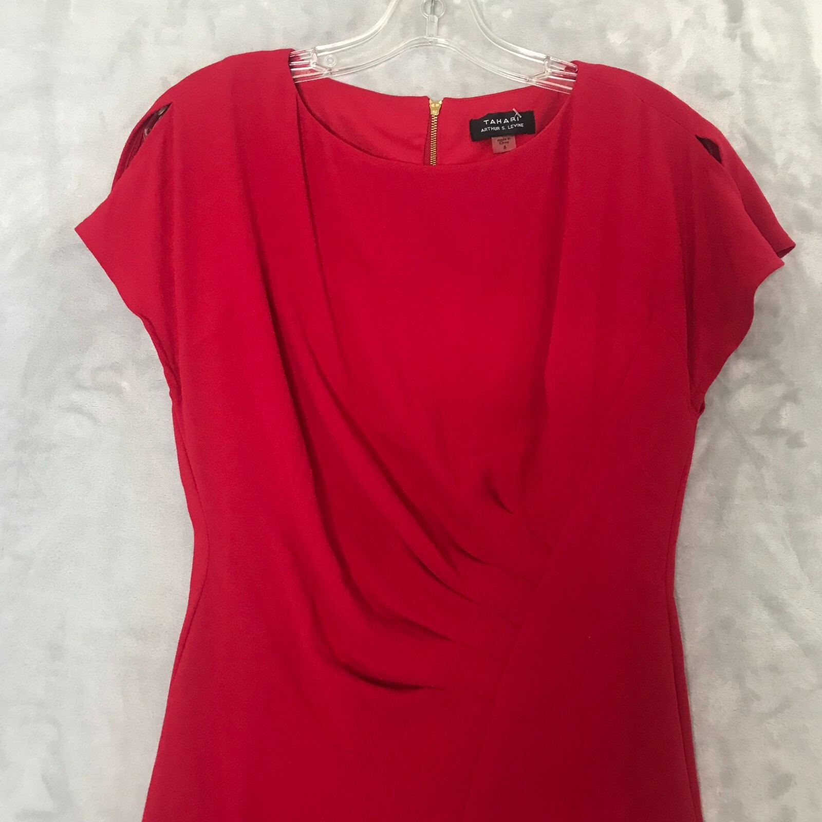 Tahari Dress Womens 6 Red Sheath Split Cap Sleeve Ruched Waist Asymmetric Hem