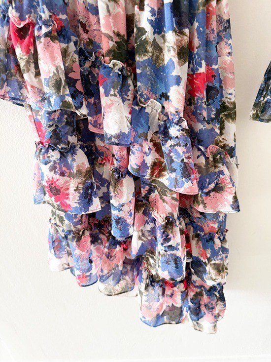 MISA Savannah Chiffon Floral Print High Low Long Sleeve Dress Size Small (S)