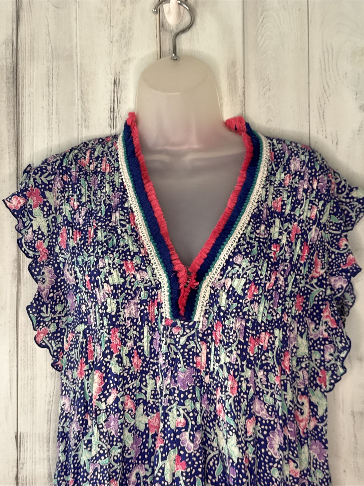 POUPETTE ST BARTH SASHA MINI DRESS SIZE LARGE BLUE PINK FLORAL FLUTTER SLEEVE