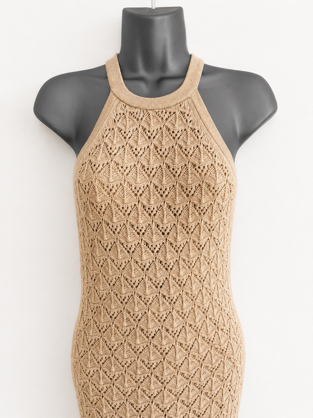 Alice + Olivia Pointelle Knit Halterneck Maxi Dress Beige Oatmeal Size S UK 8 10