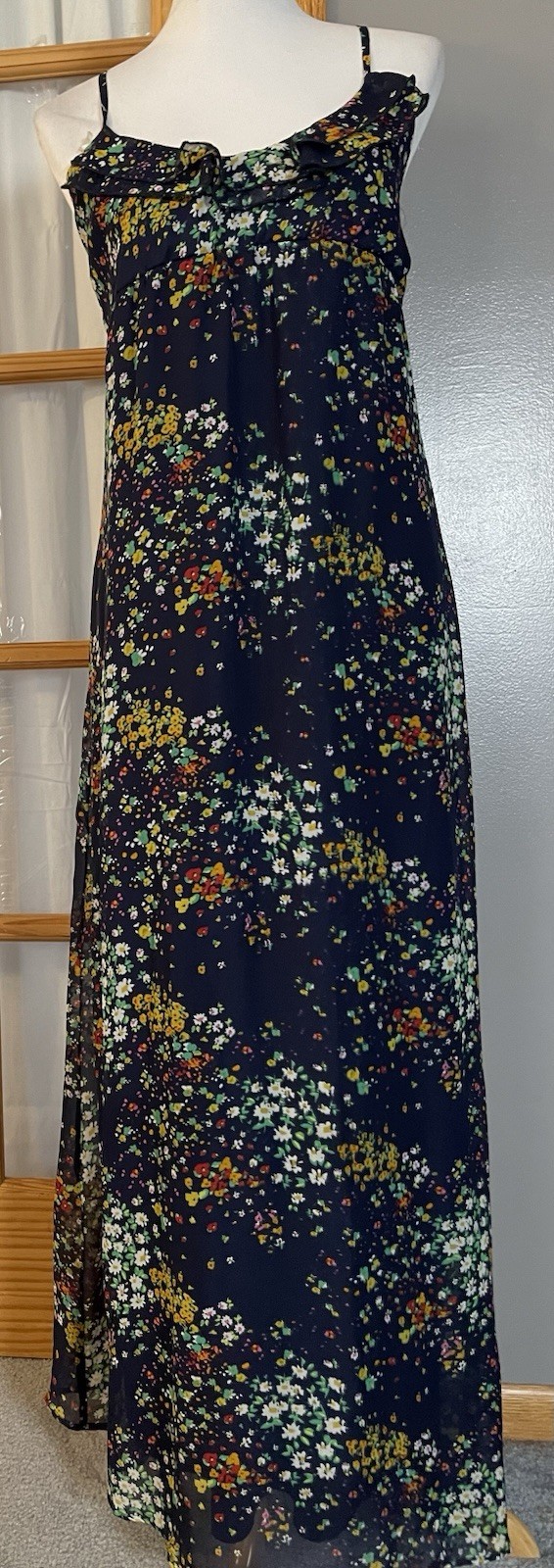 L8ter Floral Maxi Slip Dress Sz M Navy Yellow Ruffles Boho Beach Cottage Prairie
