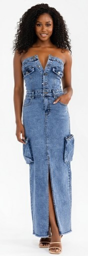 Denim Stretch Maxi Split Dress Cargo Pockets 2026 Trend SMALL MEDIUM LARGE NWT