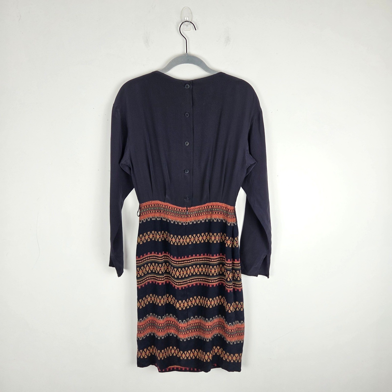 Vtg Ellen Tracy Linda Allard Petite Navy Blue Silk Long Sleeve Dress Aztec Sz 2